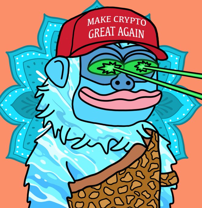 A cartoon illustration of a blue monkey wearing a red 'MAKE CRYPTO GREAT AGAIN' hat with green laser eyes emitting from the glasses, set against an orange and teal mandala background.