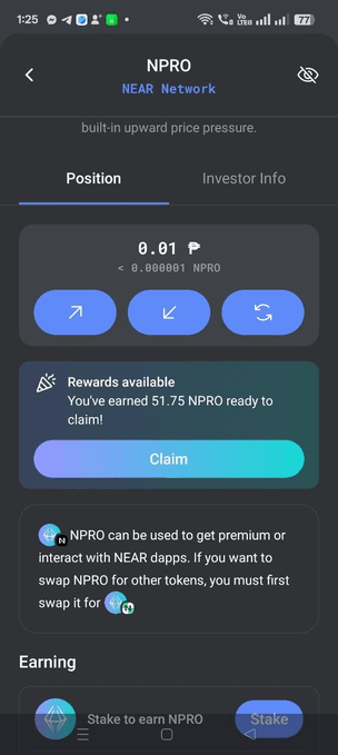 A mobile app screenshot showing NPRO token on the NEAR Network, displaying a balance of 0.01 NPRO (≈0.000001 NPRO), 51.75 NPRO rewards available to claim, and options for staking to earn NPRO.