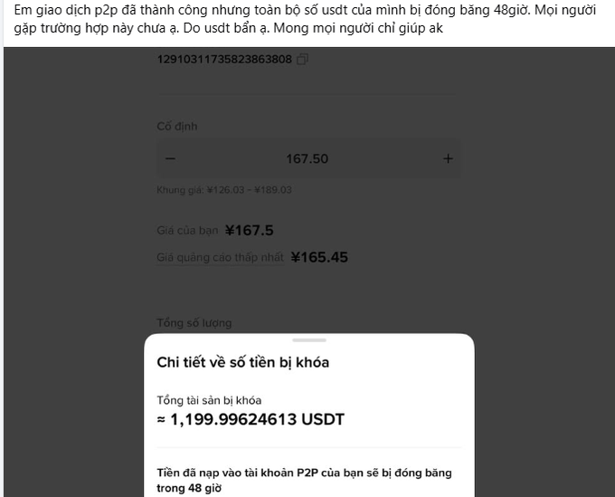 A Vietnamese-language screenshot about a P2P USDT trading issue where a user's entire balance of approximately 1,199.99624613 USDT was frozen for 48 hours, showing an order for 167.50 USDT at a market price of ¥165.45.