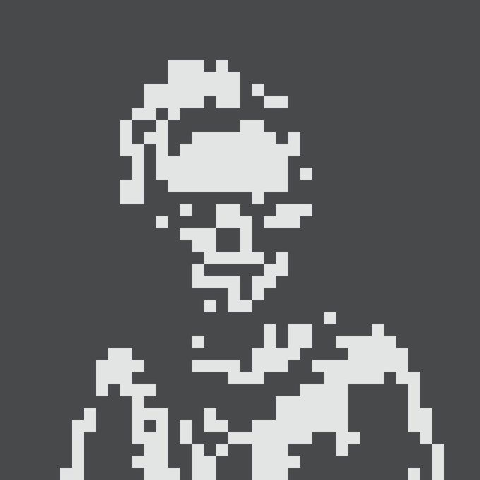 A low-resolution pixel art portrait of a person rendered in white on a gray background.