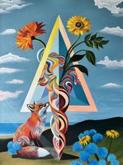 A surreal painting featuring a fox sitting beside a triangular portal emitting swirling colorful smoke, with sunflowers and blue flowers against a cloudy sky.