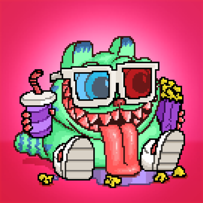 A pixel-art green monster with 3D glasses, a big red tongue, and snacks pops out on a pink background, matching the post's hyped energy as a playful mascot teasing "NEW TOURNAMENT COMING THIS WEEK!!! LFGOREEE."