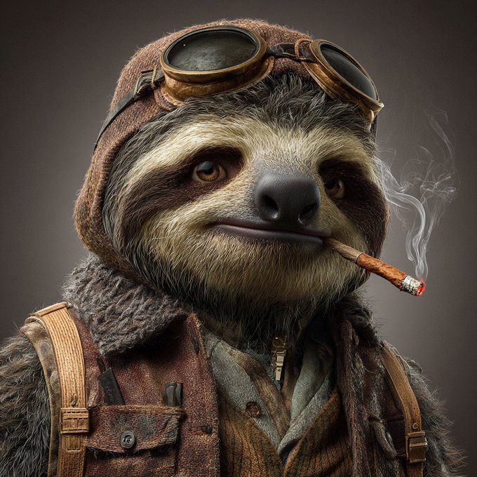 Detailed portrait of a sloth wearing a brown aviator cap with goggles, a leather jacket, and smoking a lit cigar with smoke curling upward.