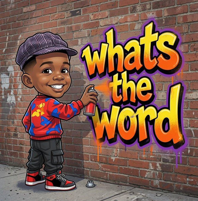 A cartoon-style illustration shows a smiling young boy in a checkered cap and colorful sweater holding a spray paint can, having just painted the graffiti text "whats the word" in bold yellow and orange letters on a brick wall, tying into the post's playful, hype-driven tone promoting the $ansem memecoin and its associated wallet address.