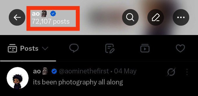 A social media profile screen for user 'ao' (@aominnethefirst) on X.com showing 72,107 posts, with a recent post dated 04 May reading 'its been photography all along'.