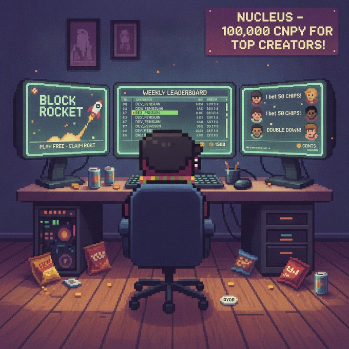 A pixel art illustration of a person at a gaming computer setup with three monitors, one showing 'BLOCK ROCKET', another a 'WEEKLY LEADERBOARD' with the name 'VDY_PENGUIN' at rank 1, and a banner reading 'NUCLEUS - 100,000 CNPY FOR TOP CREATORS!'.