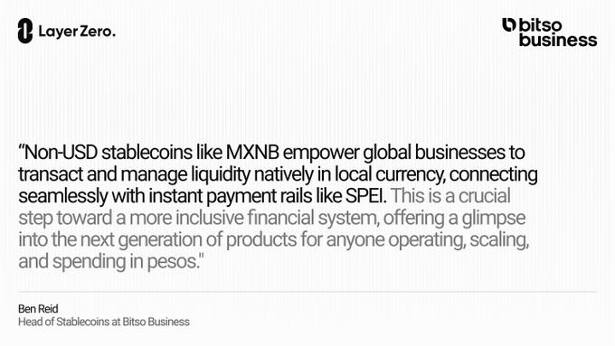 The image features a quote from Ben Reid, Head of Stablecoins at Bitso Business, highlighting how non-USD stablecoins like MXNB enable global businesses to transact in local currency via instant payment rails like SPEI, bridging Layer Zero and Bitso Business branding.
