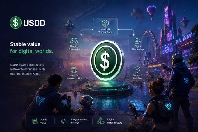 A promotional graphic for "USDD" cryptocurrency, featuring the tagline "Stable value for digital worlds" alongside icons representing gaming economies, digital ownership, and metaverse concepts.