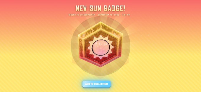 A digital notification screen shows "NEW SUN BADGE!" awarded to a user named "alexodpolan," with a "ADD TO COLLECTION" button below a hexagonal badge.