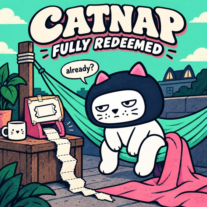 A cartoon illustration with the text "CATNAP FULLY REDEEMED" showing a cat character in a black hood lounging in a hammock and saying "already?" next to a ticket printing machine.