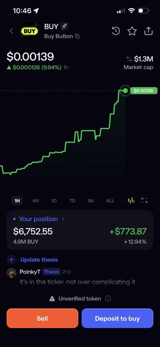 A mobile trading app screenshot showing a token called 'BUY - Buy Button' priced at $0.00139 with a 9.94% gain, and a position of $6,752.55 (4.9M BUY) up $773.87.