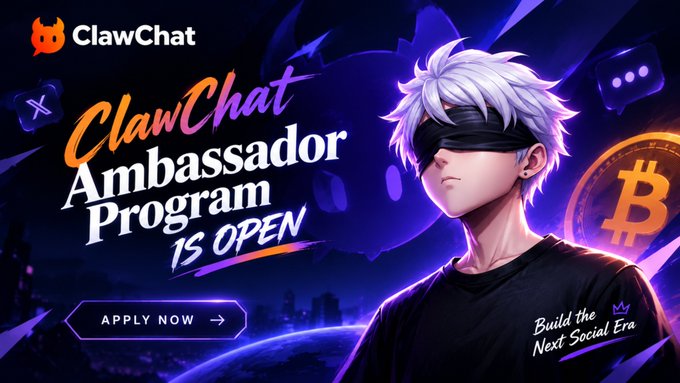 A promotional banner for the 'ClawChat Ambassador Program IS OPEN' featuring an anime-style blindfolded character with white hair, a Bitcoin logo, and an 'APPLY NOW' button, with the tagline 'Build the Next Social Era.'