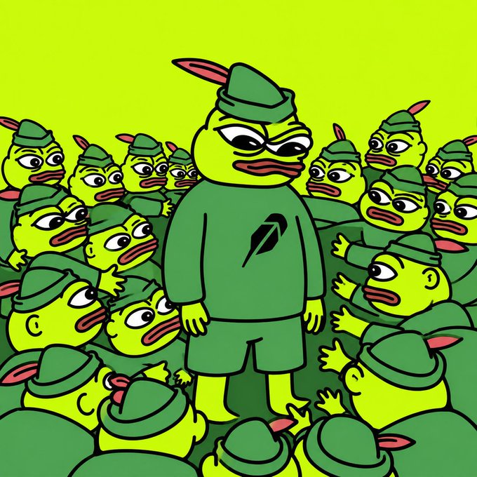 A cartoon illustration featuring a central yellow duck-like character in a green military uniform, surrounded by many similar characters, set against a bright yellow-green background.