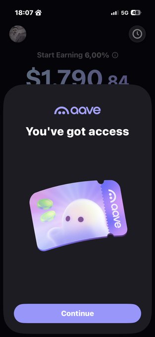 A mobile app screen showing an 'Aave' notification that reads 'You've got access' with a 6.00% earning rate displayed in the background.