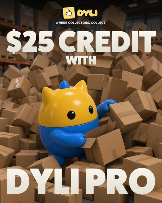 A promotional advertisement for DYLI featuring a yellow and blue cat-like mascot standing among a pile of cardboard boxes, with text reading '$25 CREDIT WITH DYLI PRO' and 'WHERE COLLECTORS, COLLECT.'
