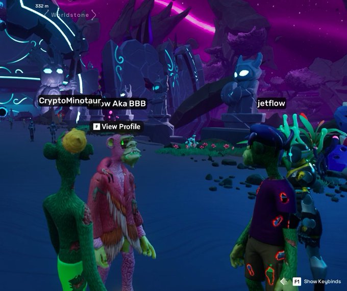 A 3D virtual world scene showing player avatars including "CryptoMinotaur w aka BBB" and "jetflow" in a fantasy environment with "Worldstone" labeled and dark stone monuments.