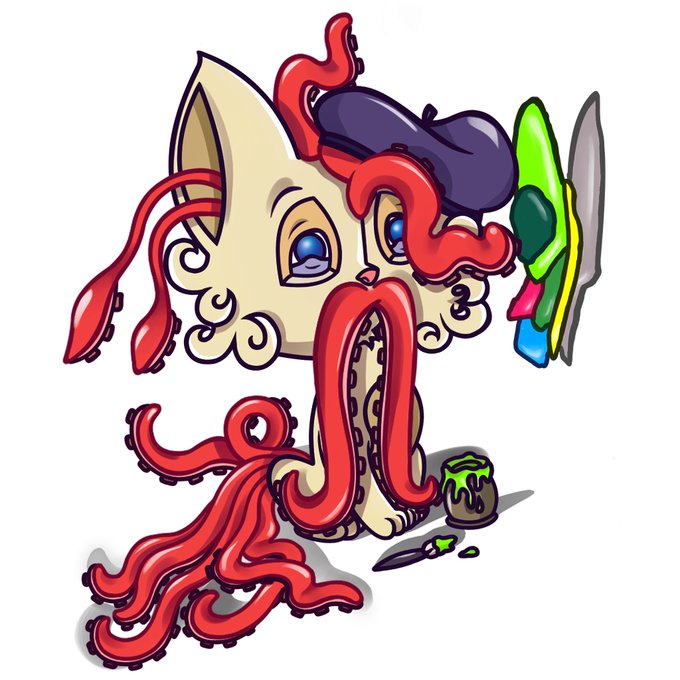 A cartoon illustration of a stylized creature with a cream-colored face, blue eyes, wearing a purple beret, and surrounded by red tentacle-like shapes and colorful paint-like blobs.
