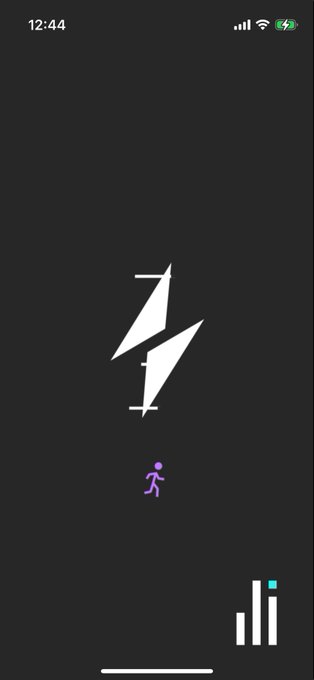 A smartphone screen displays a black background with a white abstract lightning-bolt-like logo, a small purple walking figure, and a bar graph in the corner, with the time 12:44 visible at the top.