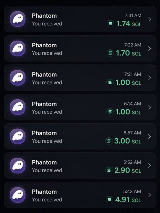 The image shows a wallet transaction history from Phantom displaying multiple incoming SOL deposits, including 4.91 SOL at 5:43 AM, 2.90 SOL at 5:52 AM, 3.00 SOL at 5:57 AM, 1.00 SOL at 6:14 AM, 1.00 SOL at 7:21 AM, 1.70 SOL at 7:22 AM, and 1.74 SOL at 7:31 AM. This serves as proof of payment to support the post claiming to distribute SOL to the first 335 people who drop their wallets.