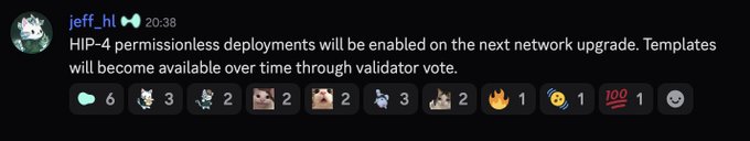 A Discord message from user "jeff_hl" at 20:38 reading: "HIP-4 permissionless deployments will be enabled on the next network upgrade. Templates will become available over time through validator vote." with various emoji reactions.