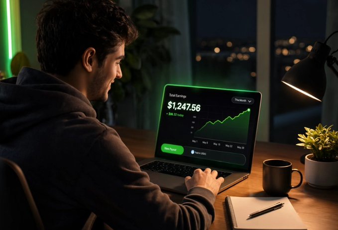 The image shows a man sitting at a desk, working on his laptop computer with a green screen displaying financial data. The man appears to be focused on analyzing the information displayed on the screen. There are several potted plants around him, adding some greenery to the scene. A cup is also visible near the edge of the desk.