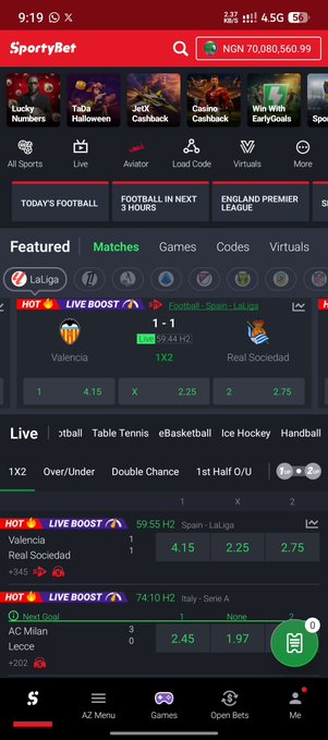 A screenshot of the SportyBet app shows an impressive account balance of NGN 70,080,560.99 displayed in the top-right corner, alongside live football matches like Valencia vs. Real Sociedad with odds listed. The high balance visually supports the post's expression of gratitude and speechlessness at their winnings.