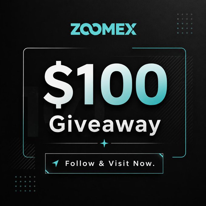 The image features an advertisement for a trading competition at thezoomex site, with a black background featuring a dollar sign and blue text below stating "100 Giveaway" followed by an image of the website's logo and another image displaying two people standing in front of the logo. The primary content is centered around a question that asks if visitors are willing to follow the instructions provided on the image or if they would like to visit Now for more information about the competition.