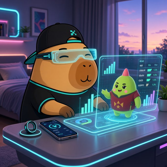 A digital illustration of a monkey character with a baseball cap and futuristic VR glasses sitting at a neon-lit desk, alongside a small green star-marked character emerging from a holographic chart display.