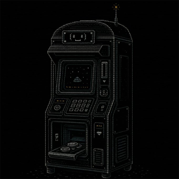 A pixel-art style illustration of an arcade cabinet rendered in white dots against a black background, featuring a small smiley face, an antenna, and a space invader on its screen.