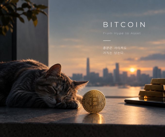 A digital graphic or advertisement titled 'BITCOIN: From Hype to Asset' featuring a sleeping cat beside a Bitcoin coin, with gold bars and a sunset cityscape in the background.
