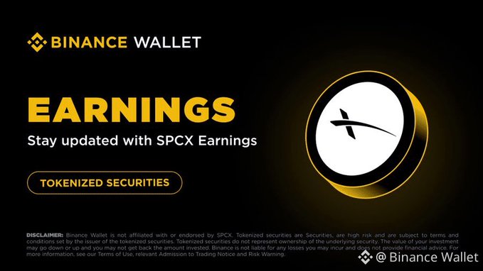 A Binance Wallet promotional banner for 'EARNINGS' with the subtitle 'Stay updated with SPCX Earnings' and a 'TOKENIZED SECURITIES' button, accompanied by a standard financial disclaimer.