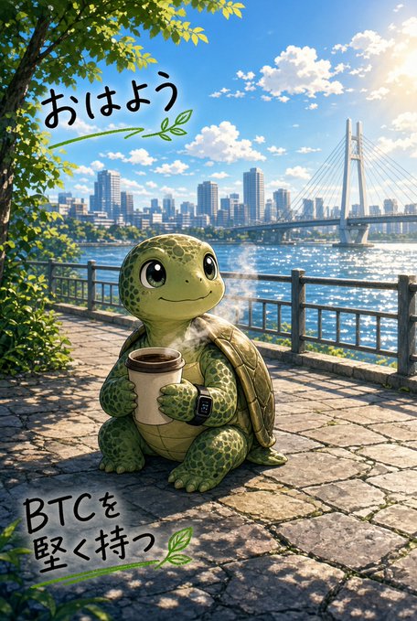 Illustration of a cute turtle holding a coffee cup beside a waterfront with a bridge and city skyline, with Japanese text 'おはよう' (Good morning) and 'BTCを堅く持つ' (Hold BTC firmly).