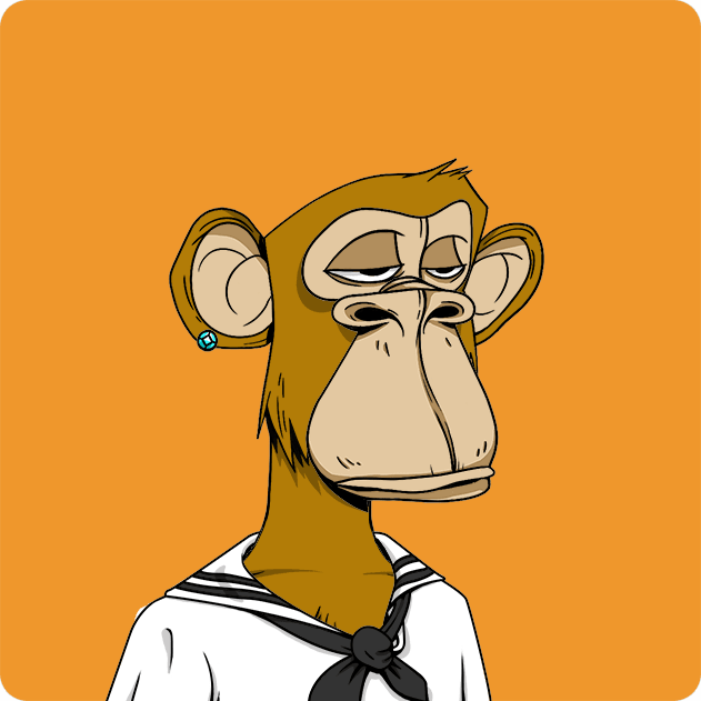 A digital illustration of a bored-looking cartoon monkey wearing a white shirt and black tie, with a small green earring, set against an orange background.