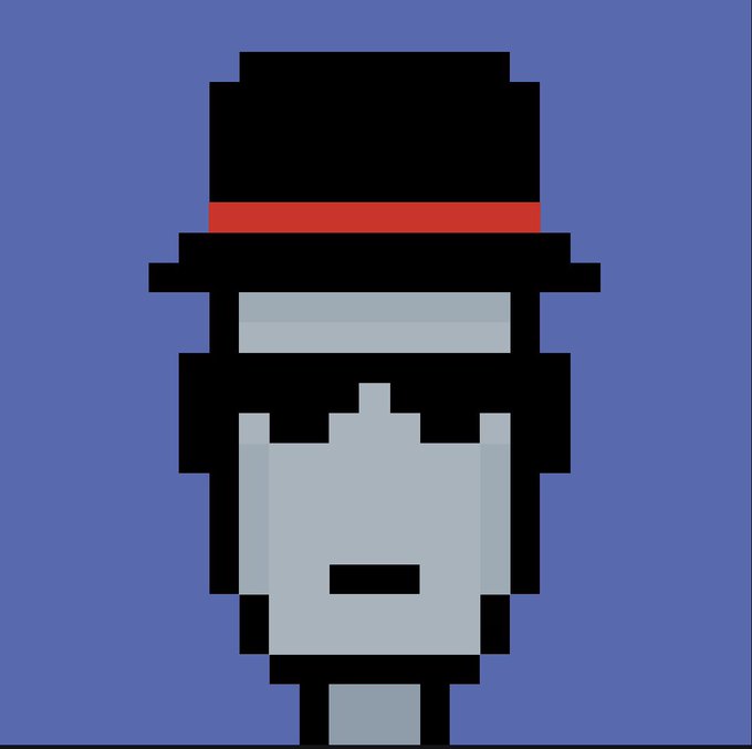 A pixel art portrait of a man with a black hat featuring a red band, sunglasses, and a serious expression on a blue background.