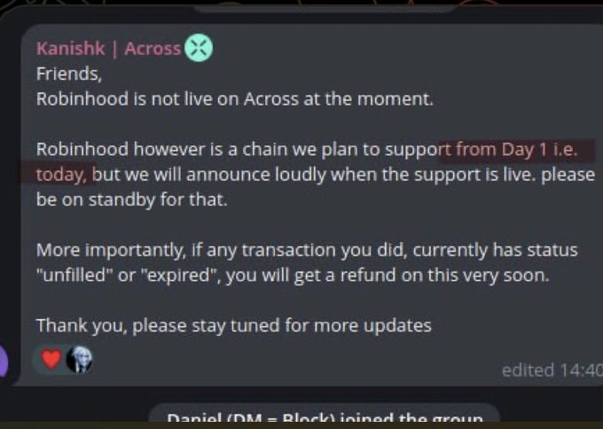 A Discord message from "Kanishk | Across" informs users that Robinhood is not yet live on Across, but support is planned for Day 1 with refunds coming for any "unfilled" or "expired" transactions. The image relates to the post by confirming the timing of Robinhood chain integration, context for the trader's $CASHCAT positions taken before Robinhood went live.