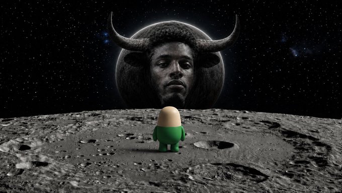 A surreal digital artwork showing a small green character standing on a lunar surface, facing a large moon with a face wearing horns.