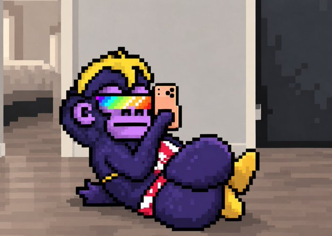 A pixel art illustration shows a purple gorilla with yellow hair and rainbow sunglasses lying on the floor while holding up a smartphone to take a selfie.