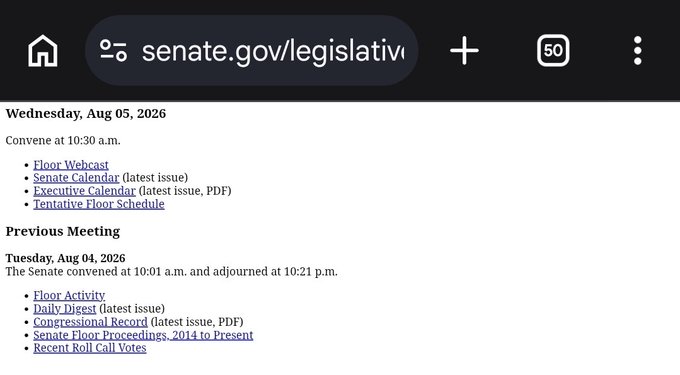 A screenshot of the U.S. Senate's legislative schedule page on senate.gov shows the Senate convening at 10:30 a.m. on Wednesday, August 5, 2026, with links to the Floor Webcast, Senate Calendar, and Tentative Floor Schedule—but no mention of the CLARITY Act, confirming that the bill has not yet been scheduled for debate or a vote.