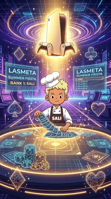 An anime-style illustration of a blonde chef character named 'SALI' at a 'LASMETA SUMMER FIESTA' leaderboard, dealing cards on a glowing game table with stacks of poker chips in a neon-lit cyberpunk city.