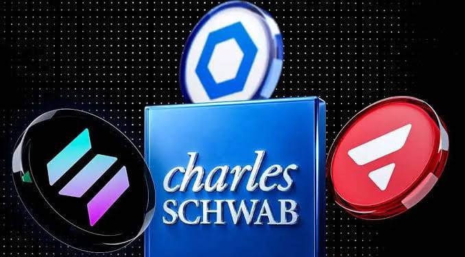 The Charles Schwab logo is displayed in blue alongside cryptocurrency coins including a blue Chainlink-style logo, a black Solana logo, and a red coin.