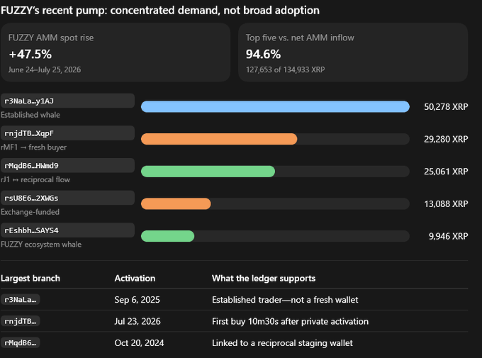 A data dashboard titled 'FUZZY's recent pump: concentrated demand, not broad adoption' shows a +47.5% spot rise, with a 94.6% top five vs. net AMM inflow and a breakdown of top wallets (e.g., 'r3NaL0_y1AJ' with 50,278 XRP, 'rMj dTB_XxpF' with 29,280 XRP).