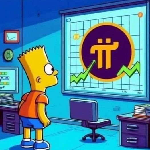 Bart Simpson stands in a blue office, gazing at a large chart displaying the Pi Network logo (π) with a rising green line, directly visualizing the post's question about whether a "green candle in October" will push $PI higher.