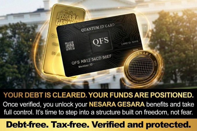 A promotional advertisement for a 'Quantum ID Card' branded 'QFS' with NESARA GESARA coin imagery, featuring text claiming 'YOUR DEBT IS CLEARED. YOUR FUNDS ARE POSITIONED.' and 'Debt-free. Tax-free. Verified and protected.'