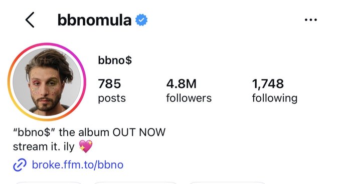 An Instagram profile page for 'bbnomula' (verified) with 4.8M followers, displaying a bio that reads 'bbno$ the album OUT NOW stream it. ily' with a link to broke.ffm.to/bbno.