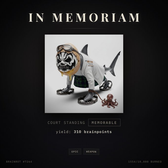 A memorial page titled 'IN MEMORIAM' for 'BRAINROT #7264', featuring an image of a shark with a cracked egg head in human clothing, with 'COURT STANDING' and 'Memorable' badges, yielding 310 brainpoints, with '1554/10,000 BURNED' at the bottom.