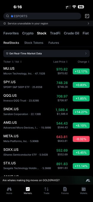 Mobile app screenshot of a stock market tracker showing RealStocks favorites including MU.US ($970.82, +12.17%), SPY.US ($748.28, +0.83%), and others with green/red percentage changes.