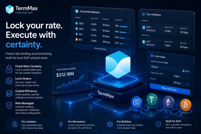 A promotional graphic for 'TermMax Fixed-Rate DeFi' featuring the slogan 'Lock your rate. Execute with certainty.' and highlighting fixed-rate markets, a Total Value Locked of $312.18M, user positions, and a limit order interface.