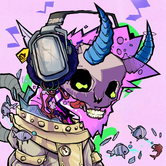 A vibrant cartoon-style illustration featuring a cracked welding helmet atop a mechanical device, alongside a purple horned skull-like character with glowing green eyes on a pink background, with mechanical fish swimming below.