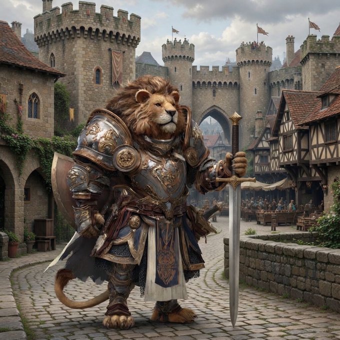 Fantasy illustration of an anthropomorphic lion wearing ornate gold and silver plate armor, holding a sword upright, standing in a cobblestone medieval town square with castle walls and towers visible in the background.