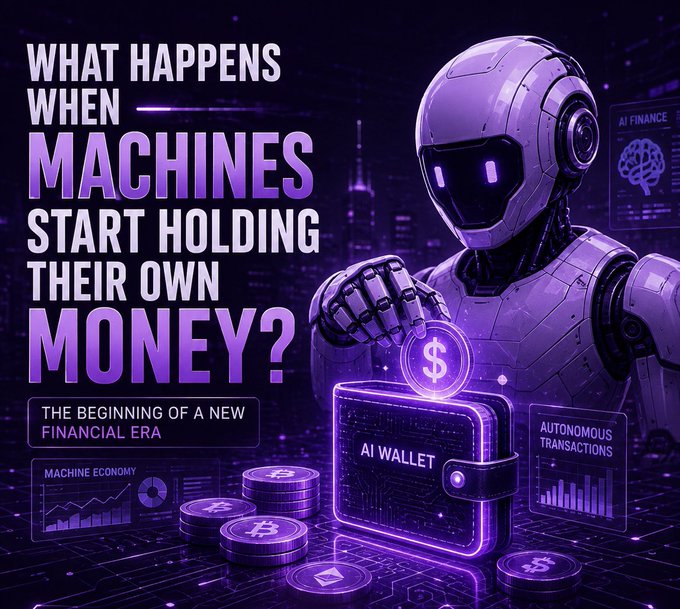A futuristic purple graphic featuring a humanoid robot holding a dollar-sign coin above a glowing "AI WALLET," with text reading "WHAT HAPPENS WHEN MACHINES START HOLDING THEIR OWN MONEY? — THE BEGINNING OF A NEW FINANCIAL ERA."